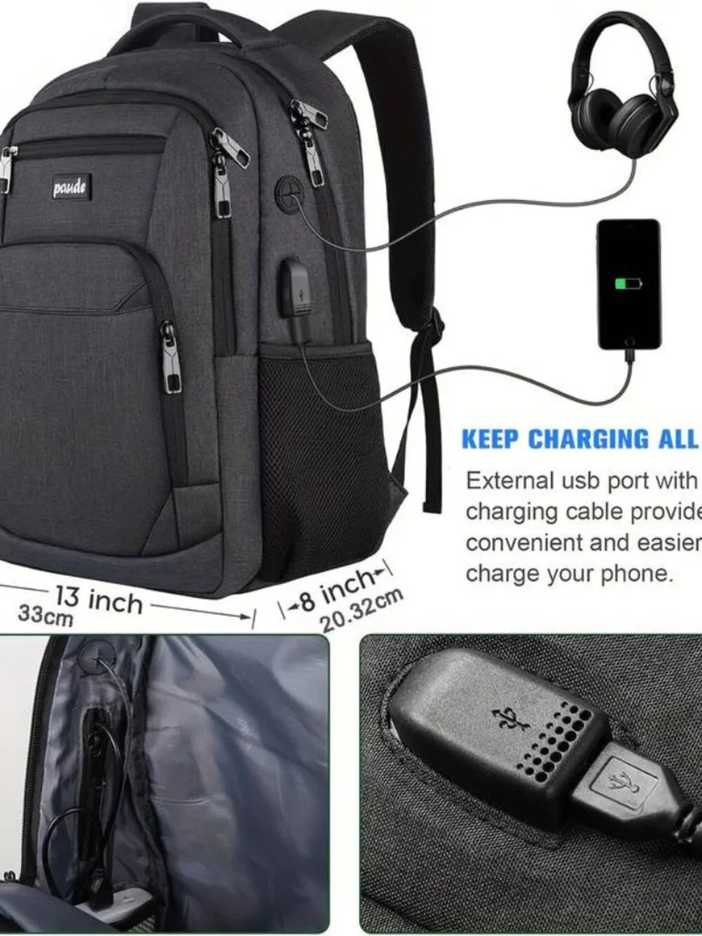 Backpack with USB Charging Port for School College Travel 15.6 Inch Laptop